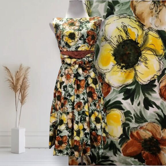 Vintage 50s Boat Neck Fit Flare Dress Size XS Yellow Brown Floral Print Sequin - Picture 1 of 16